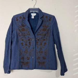 Coldwater Creek Embroidered Blazer Blue Herringbone w/ Brown Beads Size M READ